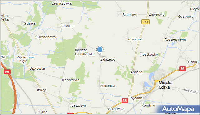 mapa Zakrzewo, Zakrzewo gmina Miejska Górka na mapie Targeo